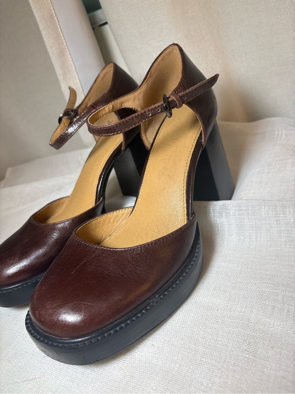 Crown Vintage Greeta Brown Genuine Leather Mary Jane Platform Heels 7.5M Chunky - Picture 11 of 14